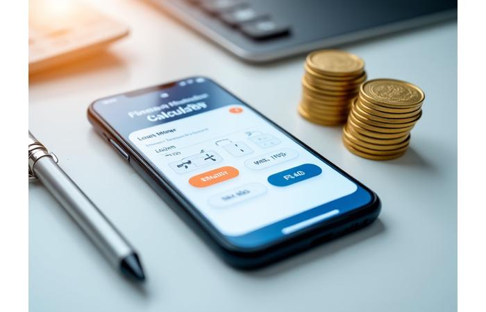 Mobiliojo telefono ekranas, kuriame atvaizduojama paskolos skaičiuoklė su slankikliu ir skaičiais, rodančiais galimą paskolos sumą ir grąžinimo periodą. Šalia – stilizuota moneta ir rašymo priemonė, simbolizuojanti greitus finansinius sprendimus.